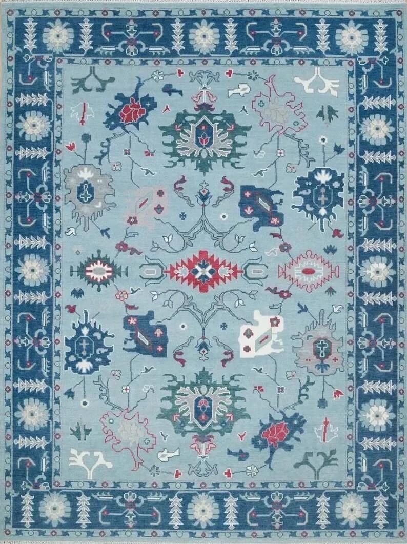 Hand-Knotted Wool Turkish Runner Rug: Light Blue Oushak Farmhouse Carpet