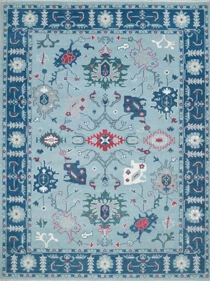 Hand-Knotted Wool Turkish Runner Rug: Light Blue Oushak Farmhouse Carpet
