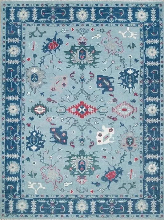 Hand-Knotted Wool Turkish Runner Rug: Light Blue Oushak Farmhouse Carpet