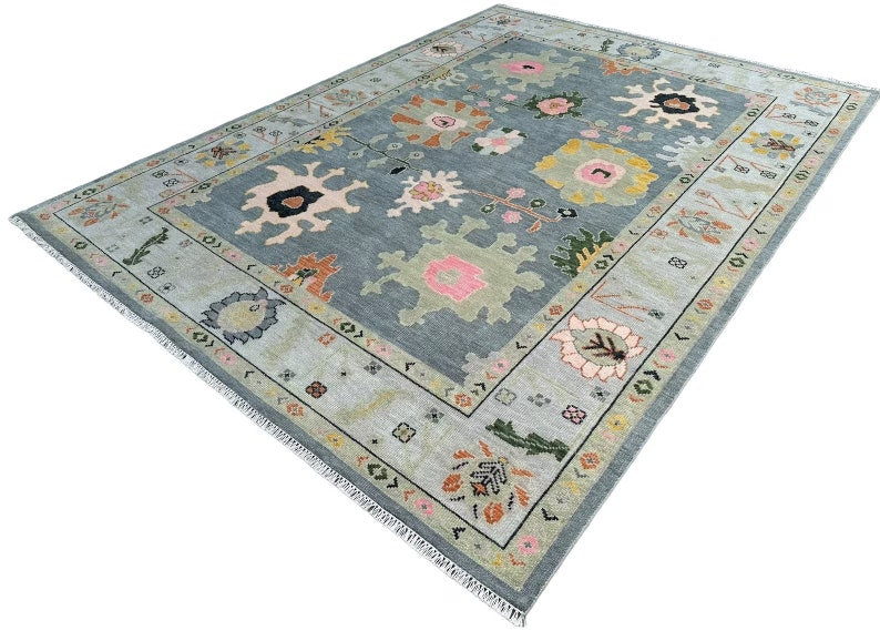 Gray Oushak Wool Rug - Turkish Hand-Knotted Area Rug with Peach & Gold