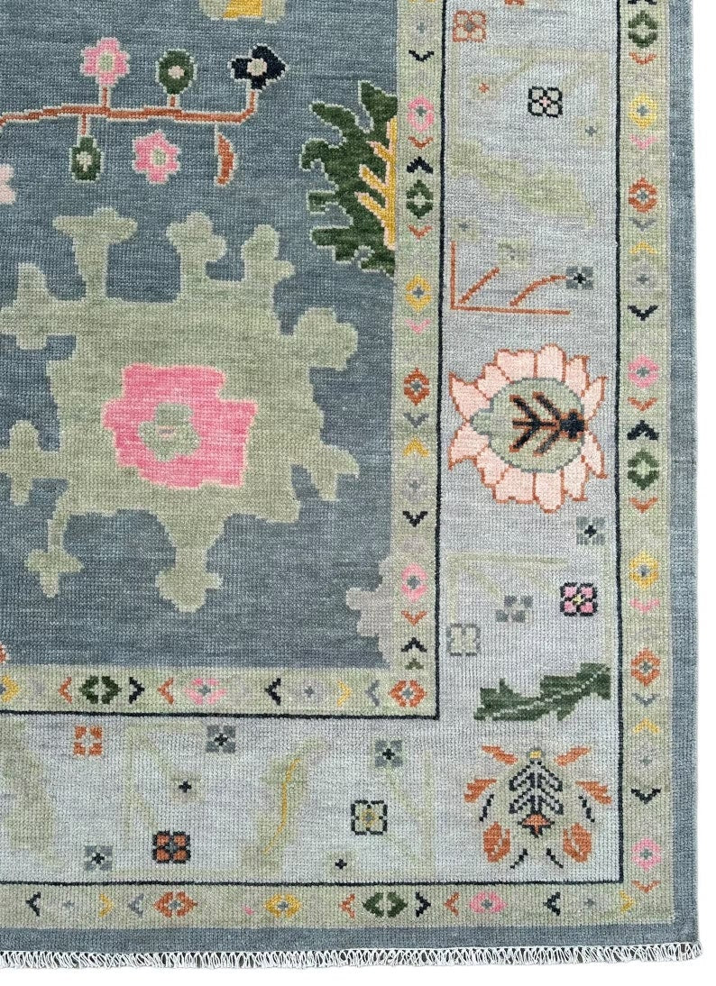 Gray Oushak Wool Rug - Turkish Hand-Knotted Area Rug with Peach & Gold