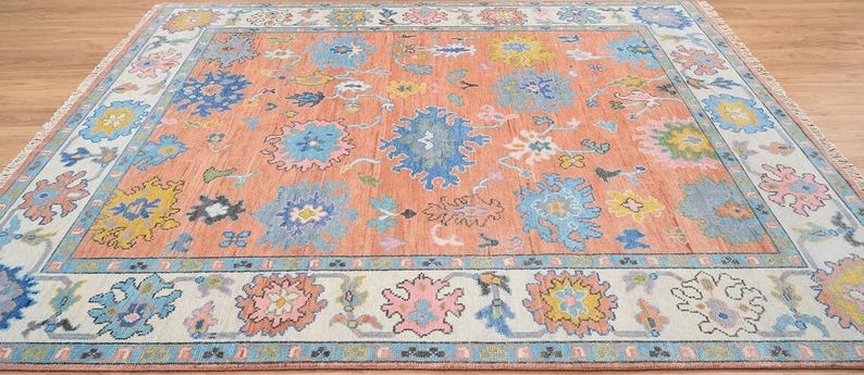 Handmade Oushak Wool Rug - Peach, Ivory & Brown Floral Medallion