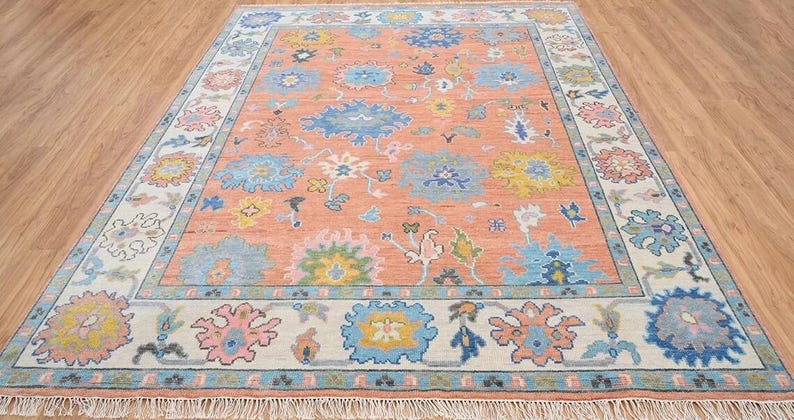 Handmade Oushak Wool Rug - Peach, Ivory & Brown Floral Medallion