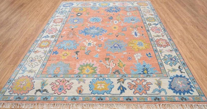 Handmade Oushak Wool Rug - Peach, Ivory & Brown Floral Medallion