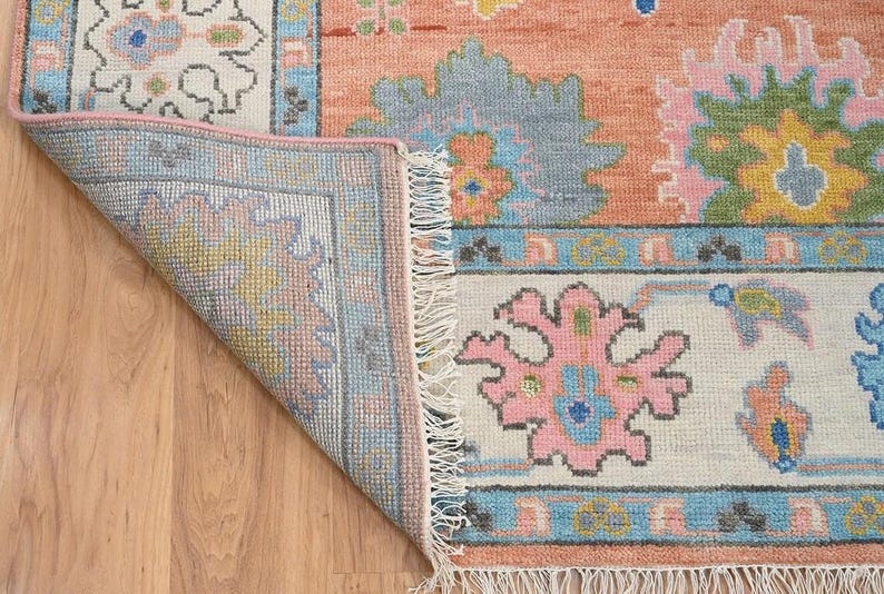 Handmade Oushak Wool Rug - Peach, Ivory & Brown Floral Medallion