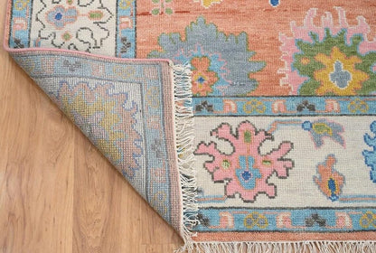 Handmade Oushak Wool Rug - Peach, Ivory & Brown Floral Medallion