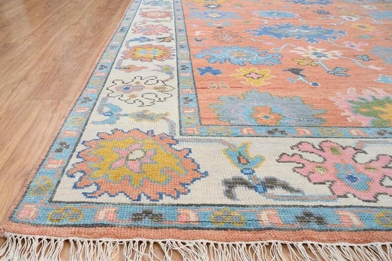 Handmade Oushak Wool Rug - Peach, Ivory & Brown Floral Medallion