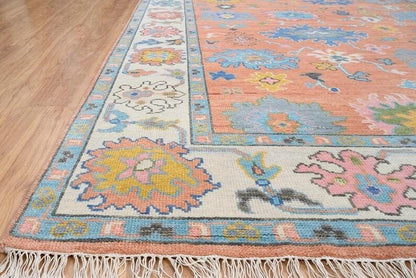 Handmade Oushak Wool Rug - Peach, Ivory & Brown Floral Medallion