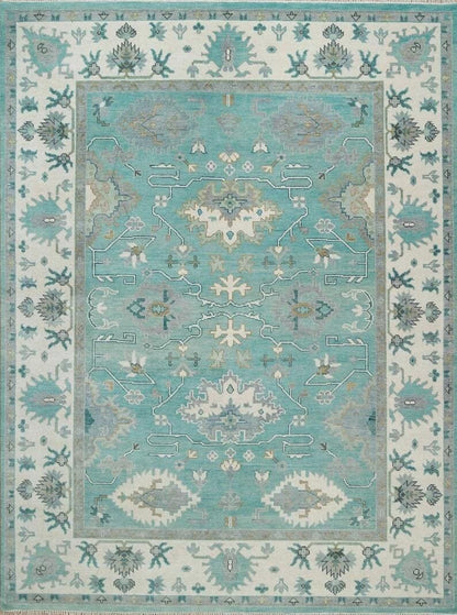 Aqua Oushak Rug Handmade Turquoise Blue Cream Border Area Rug - Hand Knotted Wool Rug, For Living Room Office Bedroom
