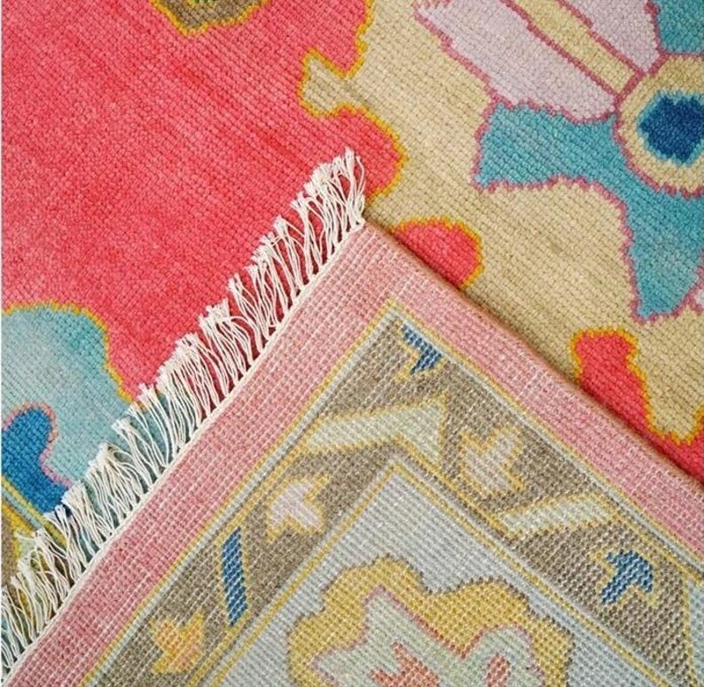Pink Oushak Rug: Hand-Knotted Wool Turkish Rug