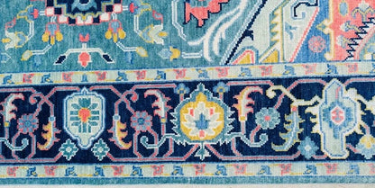 Hand-Knotted Blue Oushak Rug - Turkish Vintage-Inspired Carpet