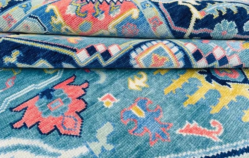 Hand-Knotted Blue Oushak Rug - Turkish Vintage-Inspired Carpet