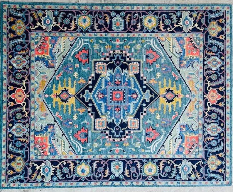 Hand-Knotted Blue Oushak Rug - Turkish Vintage-Inspired Carpet