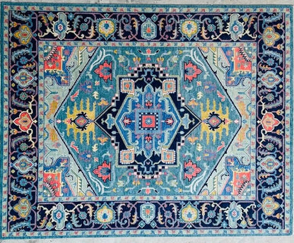 Hand-Knotted Blue Oushak Rug - Turkish Vintage-Inspired Carpet