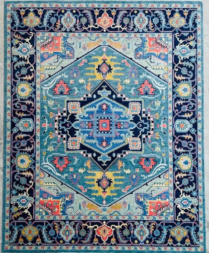 Hand-Knotted Blue Oushak Rug - Turkish Vintage-Inspired Carpet