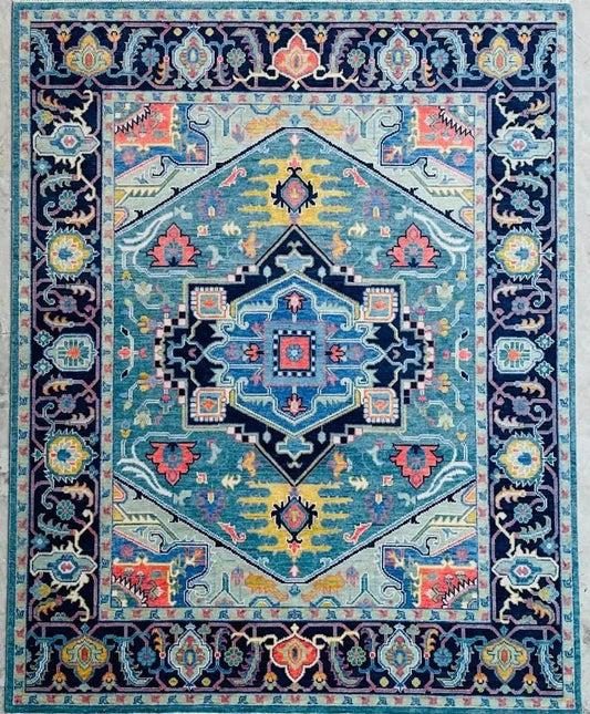 Hand-Knotted Blue Oushak Rug - Turkish Vintage-Inspired Carpet