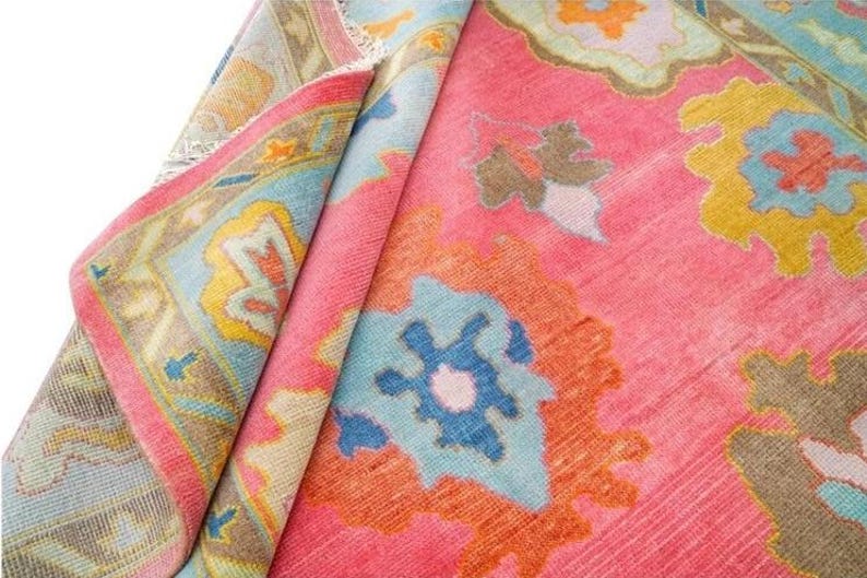 Pink Oushak Rug: Hand-Knotted Wool Turkish Rug