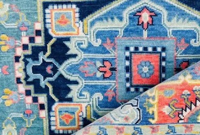 Hand-Knotted Blue Oushak Rug - Turkish Vintage-Inspired Carpet