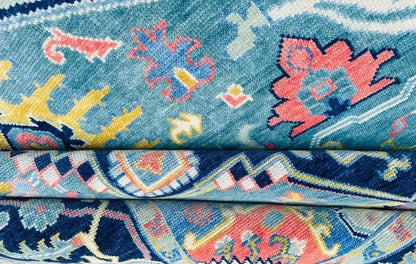 Hand-Knotted Blue Oushak Rug - Turkish Vintage-Inspired Carpet