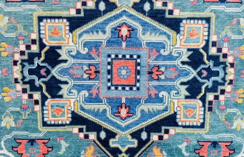 Hand-Knotted Blue Oushak Rug - Turkish Vintage-Inspired Carpet
