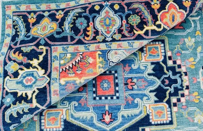 Hand-Knotted Blue Oushak Rug - Turkish Vintage-Inspired Carpet