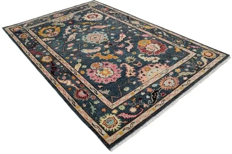 Hand-Knotted Oushak Rug - Indigo Blue Floral Medallion