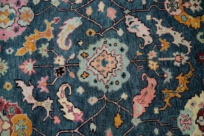 Hand-Knotted Oushak Rug - Indigo Blue Floral Medallion