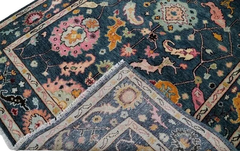 Hand-Knotted Oushak Rug - Indigo Blue Floral Medallion
