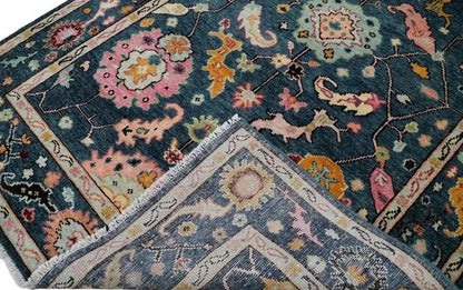 Hand-Knotted Oushak Rug - Indigo Blue Floral Medallion