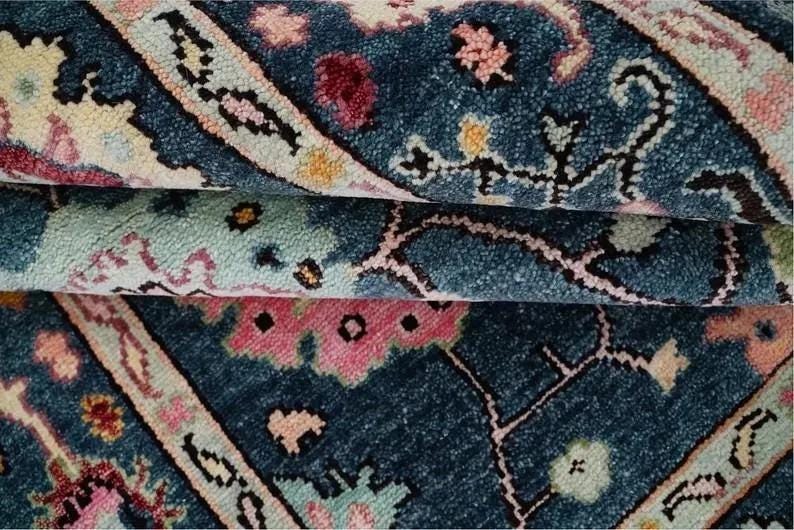 Hand-Knotted Oushak Rug - Indigo Blue Floral Medallion