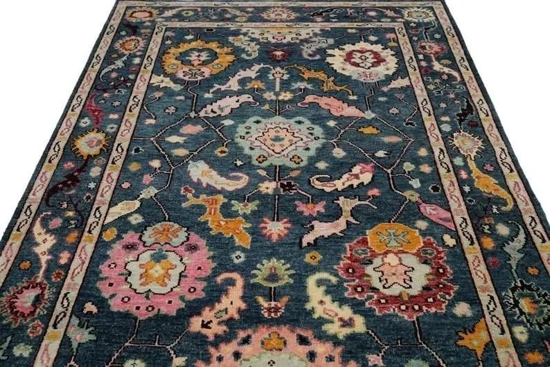 Hand-Knotted Oushak Rug - Indigo Blue Floral Medallion