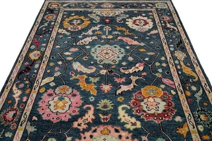 Hand-Knotted Oushak Rug - Indigo Blue Floral Medallion