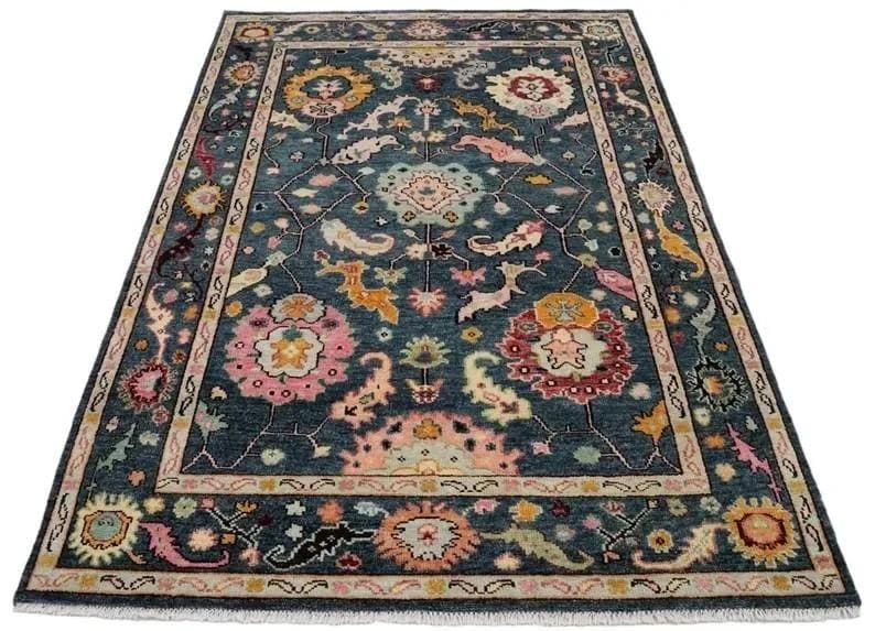 Hand-Knotted Oushak Rug - Indigo Blue Floral Medallion