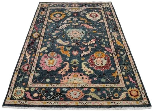 Hand-Knotted Oushak Rug - Indigo Blue Floral Medallion