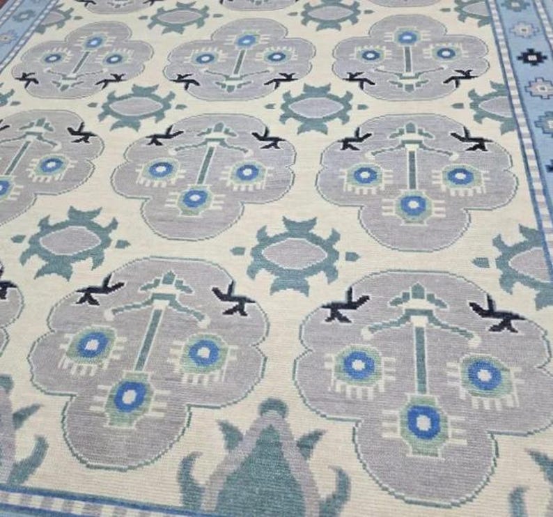 Hand Knotted Oushak Rug - Steel Gray & Beige Handmade Turkish Rug