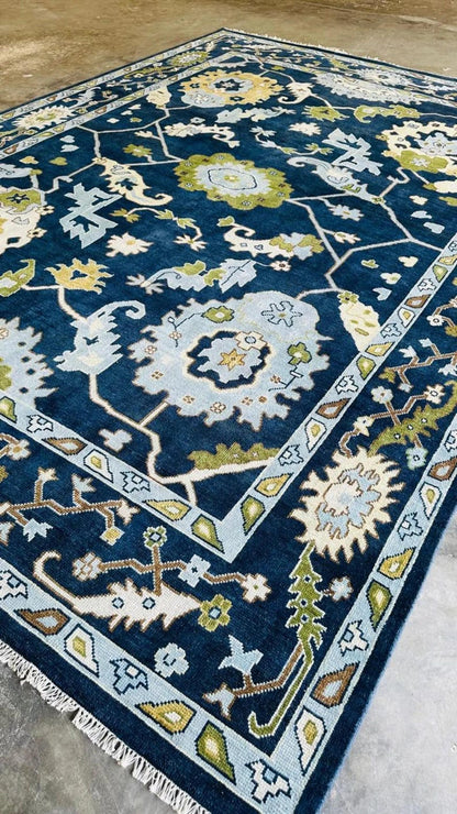 Hand-Knotted Dark Blue Oushak Rug - New Zealand Wool, Traditional Design