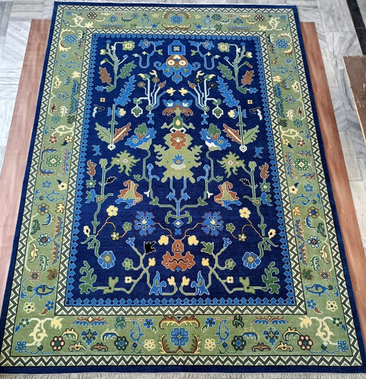 Blue-Green Oushak Rug - Traditional Persian Floral Design Hand-Knotted Turkish Rug