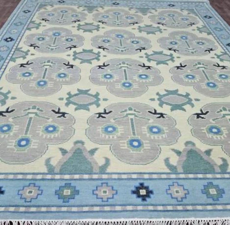Hand Knotted Oushak Rug - Steel Gray & Beige Handmade Turkish Rug
