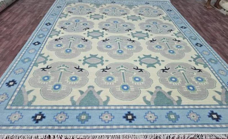Hand Knotted Oushak Rug - Steel Gray & Beige Handmade Turkish Rug