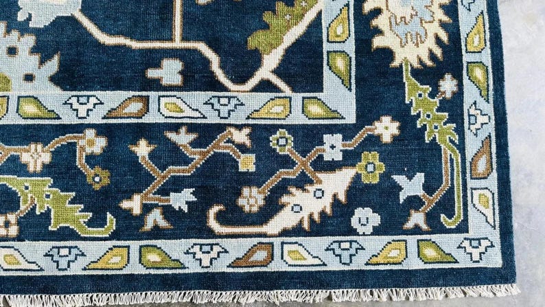 Hand-Knotted Dark Blue Oushak Rug - New Zealand Wool, Traditional Design