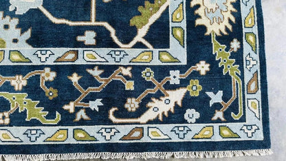 Hand-Knotted Dark Blue Oushak Rug - New Zealand Wool, Traditional Design