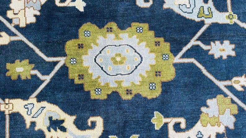 Hand-Knotted Dark Blue Oushak Rug - New Zealand Wool, Traditional Design
