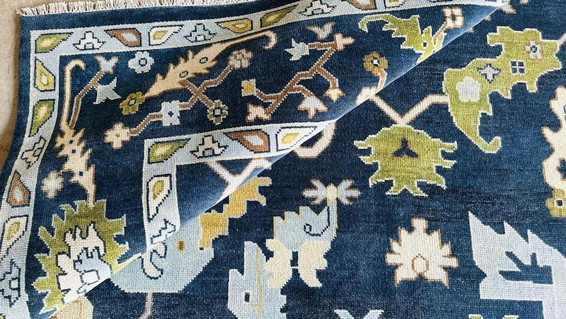 Hand-Knotted Dark Blue Oushak Rug - New Zealand Wool, Traditional Design