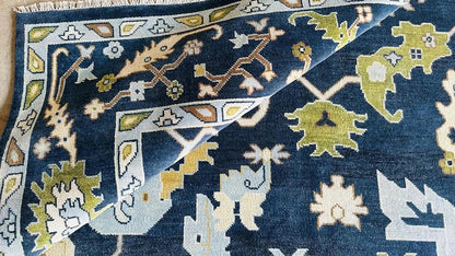 Hand-Knotted Dark Blue Oushak Rug - New Zealand Wool, Traditional Design