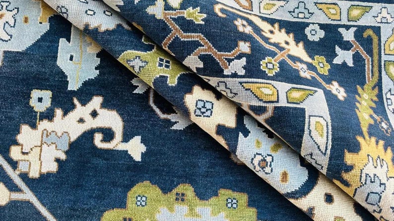 Hand-Knotted Dark Blue Oushak Rug - New Zealand Wool, Traditional Design