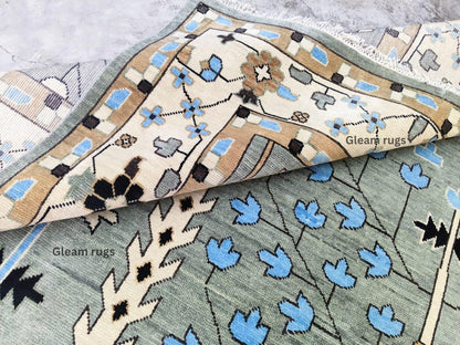 Hand-Knotted Oushak Wool Rug - Gray & Green Vintage Turkish Area Rug
