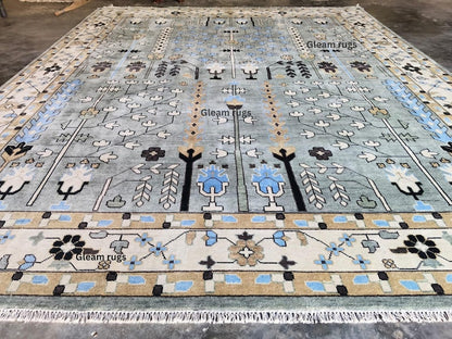 Hand-Knotted Oushak Wool Rug - Gray & Green Vintage Turkish Area Rug