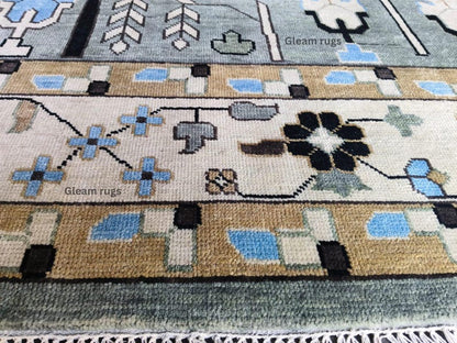Hand-Knotted Oushak Wool Rug - Gray & Green Vintage Turkish Area Rug