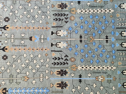 Hand-Knotted Oushak Wool Rug - Gray & Green Vintage Turkish Area Rug