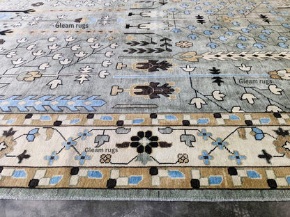Hand-Knotted Oushak Wool Rug - Gray & Green Vintage Turkish Area Rug